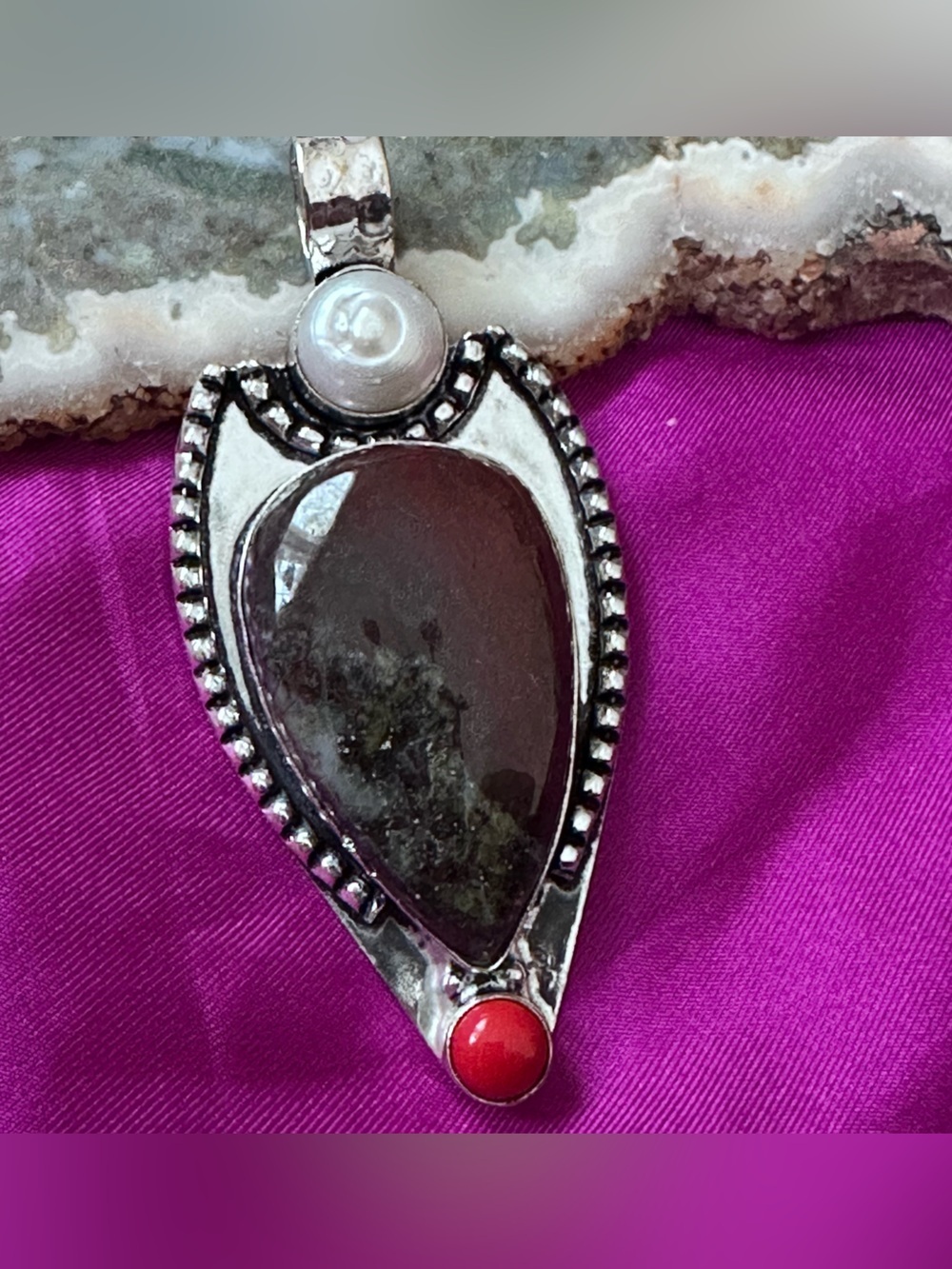 Artisan Silver Dragon Blood Stone  Pendant with Pearl and Coral Accent